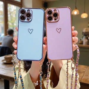เคสโทรศัพท์ซิลิโคนเจลกันกระแทก ดีไซน์หรูหรา รูปหัวใจแบบโปร่ง สายคล้องแบบโซ่ลายกระดูกงู พร้อมสายคล้องคอ สำหรับ 17/16 <span class=keywords><strong>Pro</strong></span>/14 - Product Image 1