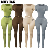 LOGO Kustom Musim Panas Kaos Ribbed Katun Berkualitas Tinggi Warna Kuning Pink Oranye Legging Panjang Wanita 2 Potong Baju Santai