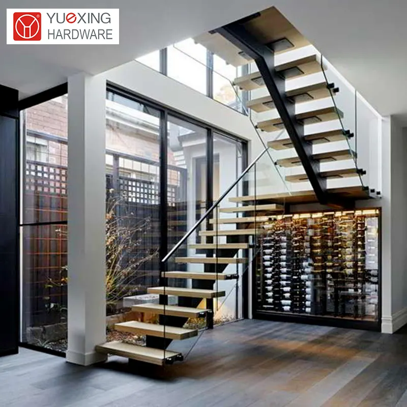 Escada de madeira com design minimalista e anti-deslizamento, passeios retos de vidro de mármore de madeira