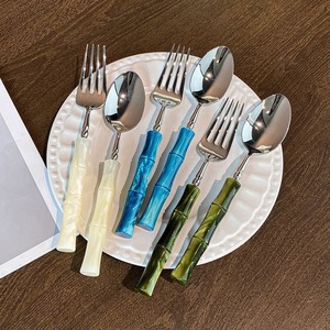 High-quality 304 stainless steel acrylic bamboo handle Western restaurant/hotel light luxury knife, fork, and spoon <b>set</b> - - Product Image 1