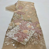 Tissu en dentelle 3D tricoté à motifs floraux avec broderie de perles et de sequins, respirant et infroissable, pour robes de mariée et accessoires vestimentaires féminins