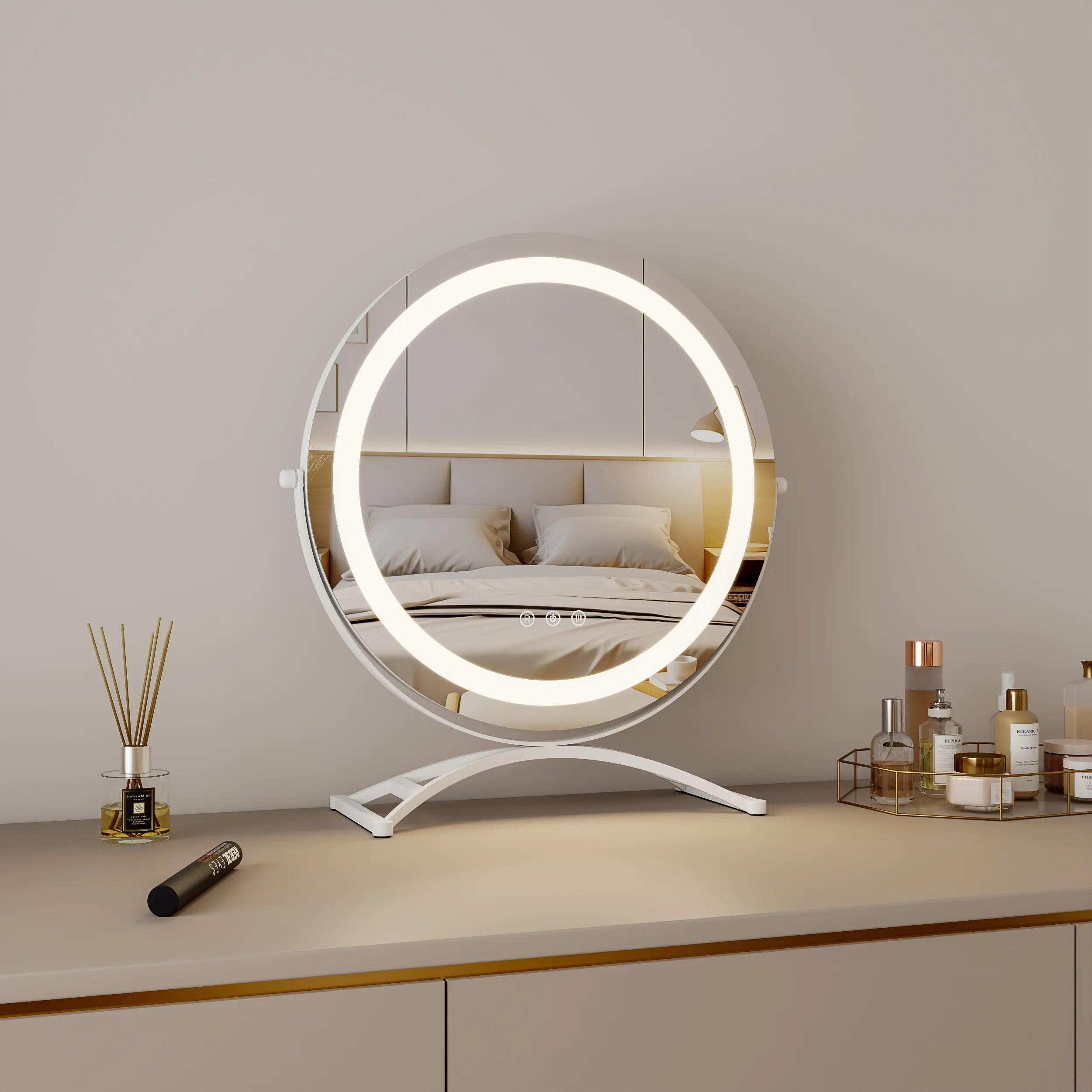 Adaptador de 12V, Etiqueta Privada, mesa de maquillaje cosmética redonda personalizable, tocador con luces, espejo de belleza LED