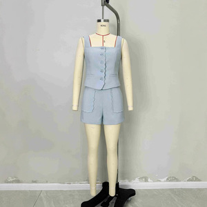 European &amp; American Summer Solid Above Knee 2-Piece Elegant Casual Sling Button <strong>Square</strong> Collar Sleeveless Top Shorts <strong>Set</strong> - Product Image 5