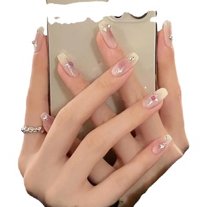 Blush Starlet Press <span class=keywords><strong>en</strong></span> las <span class=keywords><strong>uñas</strong></span> con <span class=keywords><strong>efecto</strong></span> de rubor y estrellas de cuatro puntos de metal <span class=keywords><strong>Uñas</strong></span> postizas extraíbles hechas a mano puras - Product Image 5