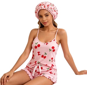 Novo Conjunto de Pijamas Sexy Estilo Europeu e Americano com Estampa de Cereja, Camisola e Chapéu, Conjunto de Três Peças - Product Image 1