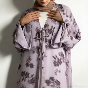 Floral Printed Chiffon Abaya Women Elegant Tie Sleeve Open Front Kimono Modest Dubai Muslim <b>Dress</b> <b>For</b> Wedding Daily Wear (6924) - Product Image 3
