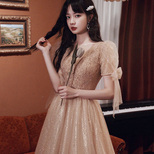 Evening Dress V-Neck A-Line Chiffon Empire Waist Vintage Plus Size Khaki Burgundy - Product Image 2
