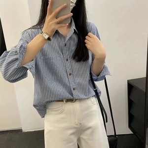 Striped Shirt Women Long Sleeve Poplin Casual Retro Top Blue And Off White Stripes Everyday Wear - Product Image 4