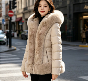 Winter Casual Hooded Big Fur Trim Slim <strong>Waist</strong> Short Windproof Fluffy Logo Woven Polyester Filled <strong>Coat</strong> <strong>for</strong> <strong>Women</strong> - Product Image 1
