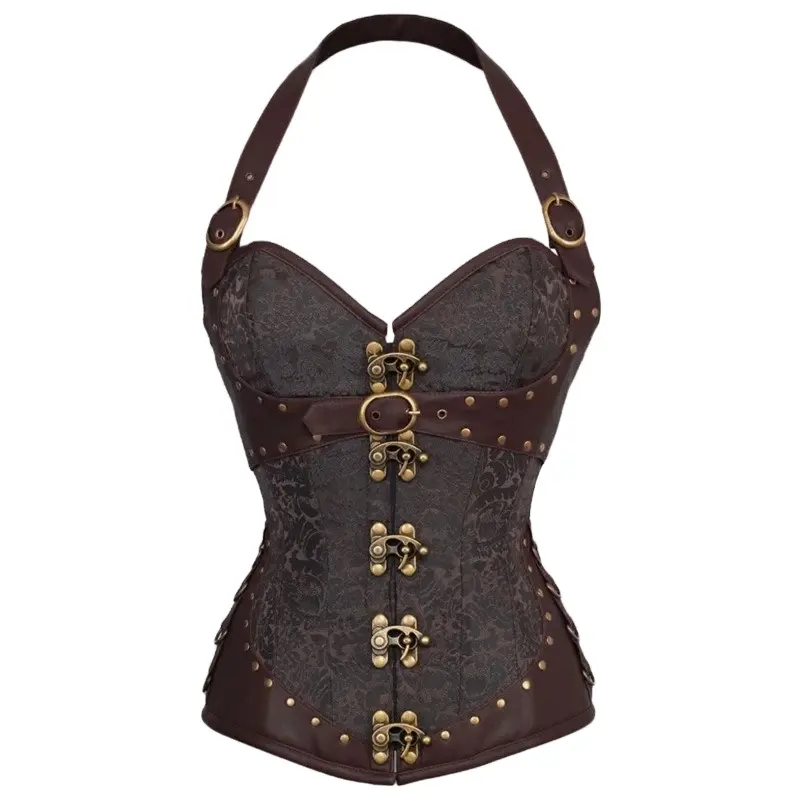 Steampunk korse kahverengi siyah çelik kemik Underbust korseler Dobby Corselets seksi bel ince Bustiers bel Cincher korse