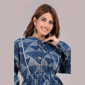Vestido de Algodón para Mujer, Estampado a Mano, Estilo Escalonado, Manga Abullonada, Cuello Alto, Ecológico, Atuendo Casual - Product Image 5