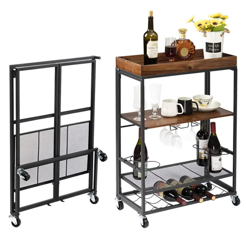 Floor mobile kitchen service cart with removable trays and wooden brackets Industrial style vintage storage cart Wooden metal