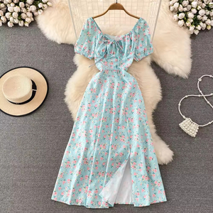 Abbigliamento estivo donna di alta qualità abito Casual <span class=keywords><strong>con</strong></span> maniche a sbuffo floreali blu <span class=keywords><strong>con</strong></span> cravatta a nastro, Design a fessura Sexy-all'ingrosso - Product Image 3