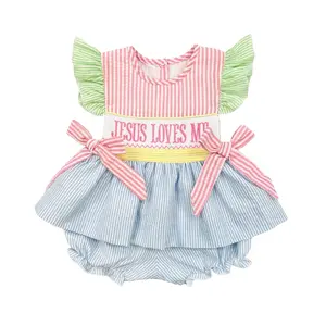 Custom Boutique Hot Selling Children Clothes Sets for Girls Blue-Pink Stripe Printing 2 pcs Set Sleeveless Clothing Shorts Sets