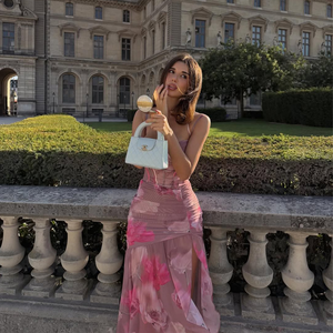 2025 модное роскошное элегантное розовое платье макси на тонких бретельках с цветочным принтом для женщин облегающее кружевное платье с оборками - Product Image 2