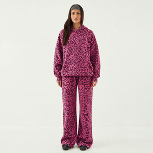 <b>Women's</b> Pink Leopard Print 2 Piece Contrastline Premium Tracksuit Set Oversized Hoodie Casual Streetwear <b>Jogger</b> For <b>Women's</b> Wear - Product Image 1