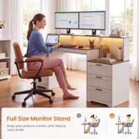 Bureau d'angle en bois style ferme avec construction robuste, grand espace de rangement, chargement sans fil, montage facile, design écologique