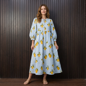 Gray Striped <b>Lemon</b> Print Cotton <b>Dress</b> Three Quarter Sleeve Length Soft Breathable Club <b>Dress</b> - Product Image 1