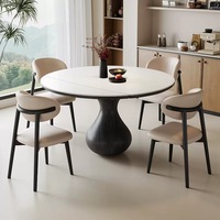 Cremefarbener Ausziehbarer Steinplatten-Esstisch, Erweiterbar von Oval zu Rund Massivholz-Esstisch-Set