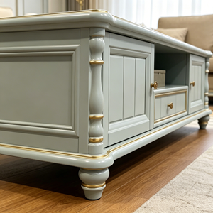 Luxury Gold Carved Solid Wood <b>Coffee</b> <b>Table</b>, 2 Cabinet 1 Drawer Turned <b>Leg</b> Storage Cocktail <b>Table</b> <b>For</b> Farmhouse Living Room - Product Image 3
