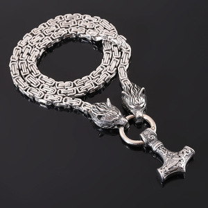 Collar con colgante de acero inoxidable con martillo de Thor de mitología vikinga nórdica Retro, cadena de emperador de plata, cabeza de Lobo para hombres - Product Image 3