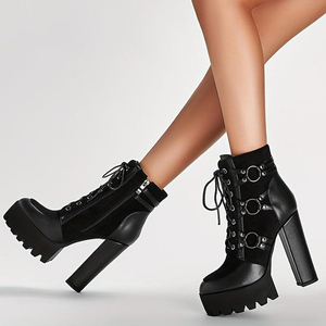 Front Lace up Round Toe Short Booties Women Side Zipper Ankle <b>Boots</b> Metal Buckles Chunky Heels Shoes - Product Image 1