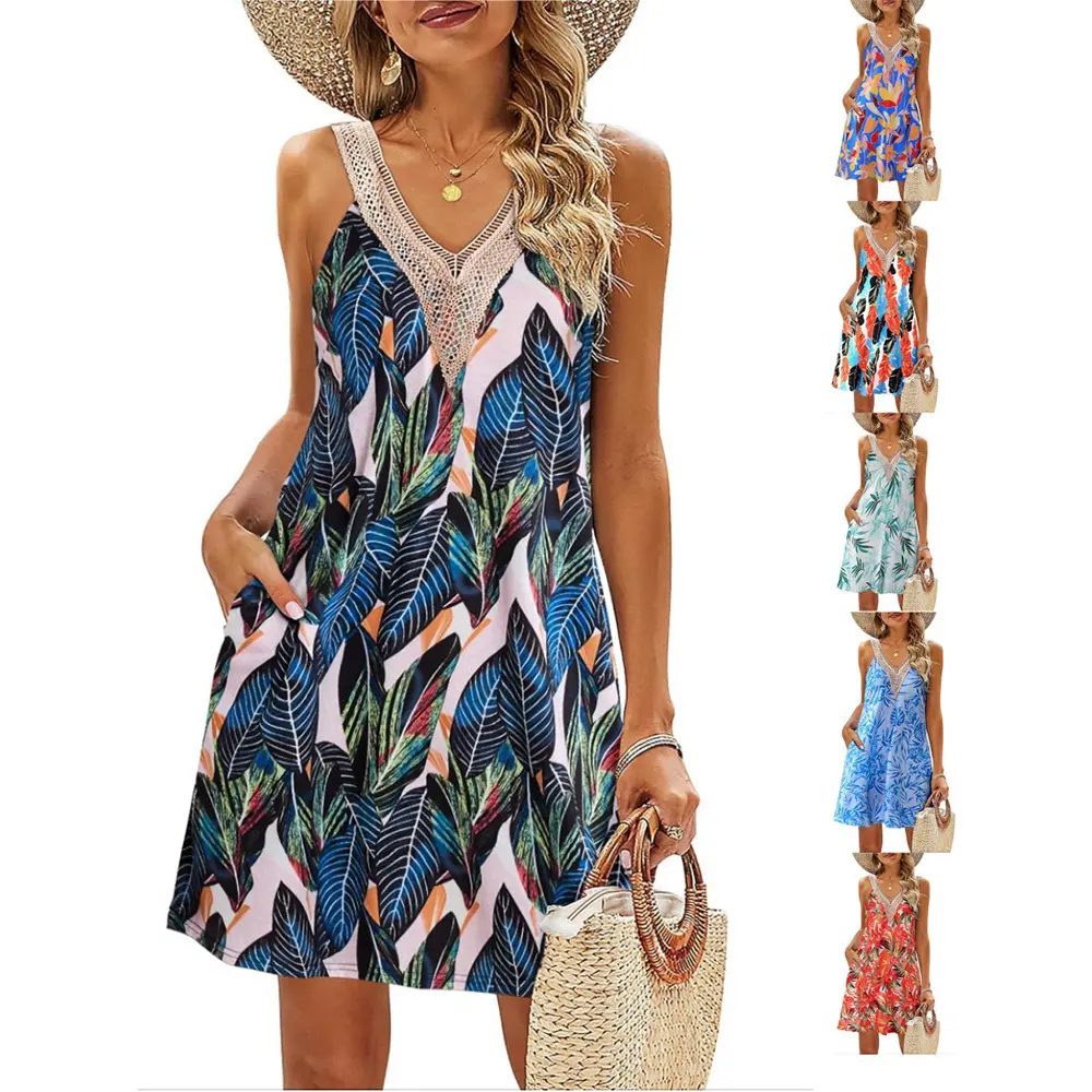 Women Summer Beach Lace V Neck Tank Top Casual Tropical Print Sleeveless Short Dress