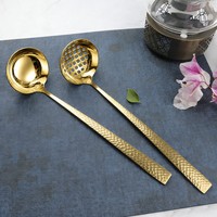 Ensemble de louches à soupe et cuillères ajourées en acier inoxydable doré effet miroir, à long manche, pour buffet, hôtel, restaurant, vente en gros