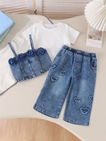 Ensemble de Vêtements en Jean Tendance pour Filles, Tenue Bébé avec Haut Camisole Fleur 3D et Jean Brodé Cœur pour Enfants, Idéal pour le Quotidien et les Tenues Décontractées