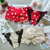 Ensemble de sous-vêtements assortis pour couple, caleçons pour homme et string pour femme avec imprimé lapin, rouge, cadeau du Nouvel An lunaire