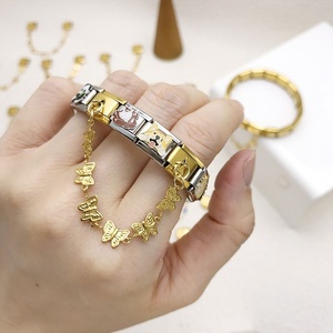 Trendy Italian Module <b>Bracelet</b> Gold Stainless Steel Hook New Double Hanging Pendant Design Elastic Strap Chain DIY New Gold - Product Image 1