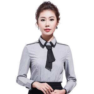 Camisa de mujer de oficina de alta moda personalizada blanca formal con cuello mandarín y decoración de botones tejida temporada de primavera - Product Image 1