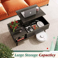 Table basse en bois Combohome noire avec plateau relevable et grande étagère de rangement dissimulée, table à manger relevable pour salon