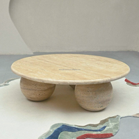 Table basse moderne en travertin naturel Wabi Sabi, disponible en OEM, table à thé ronde en pierre, trois pieds sphériques, mobilier de luxe pour la maison