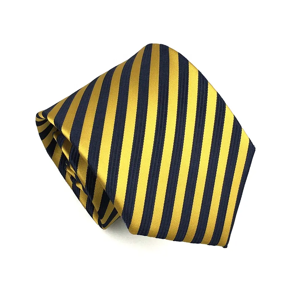 Polyester Jacquard Business Tie Executive Men's Office Formal Style Fashion Handmade Dark Blue Stripe Golden Color Necktie