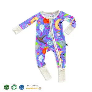 OEM bebek bambu fermuar Romper özel etiket bebek özel baskı pijama Romper