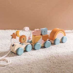 Juguete de tracción multifuncional de madera para niños con carro de inteligencia de Educación Temprana de animales León con mango de cuerda - Product Image 4