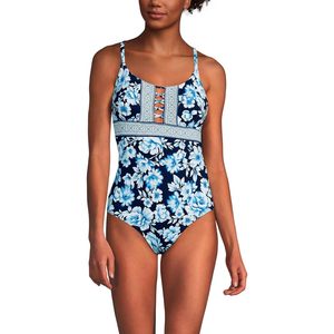 Traje de baño de una pieza con cordones resistente al cloro para mujer FOXA UPF50+ con estampado digital, sin mangas, cuello redondo, de spandex y poliéster - Product Image 1