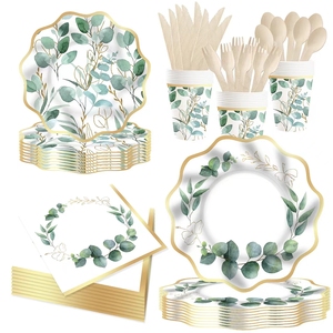 ชุดจานชามลายใบยูคาลิปตัสสีเขียวทอง DAMAI Sage Greenery สำหรับงานเลี้ยงวันเกิด จานกระดาษแบบใช้แล้วทิ้ง ผ้าเช็ดปาก - Product Image 3