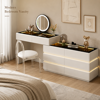 Ensemble de coiffeuse moderne blanc crème avec miroir LED et éclairage réglable trois couleurs, meuble de rangement pour chambre et salle de bain