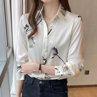 Nouvelles Blouses en Soie Satinée OEM pour Femmes, Hauts Coréens Tendance à Manches Longues, Chemises Boutonnées, Vêtements de Bureau, Col en V Floral