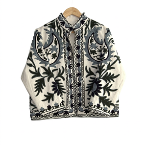 Hand Embroidered Paisley Pattern Cotton Blouson <b>Jacket</b> With <b>Mandarin</b> <b>Collar</b> Full Sleeve Spring Women's Suzani Embroidered <b>Jacket</b> - Product Image 1