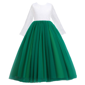 Robe de princesse en dentelle pour filles, jupe en Tulle vert, manches longues, tenue de spectacle sur scène, robe formelle pour enfants - Product Image 4