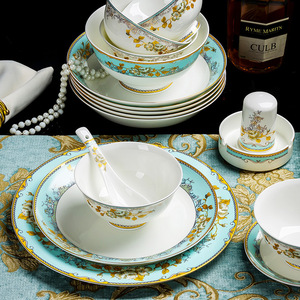 Ensemble de vaisselle de mariage de luxe en céramique de haute qualité Style nordique élégant vert blanc assiettes et bols pour le Moyen-Orient - Product Image 4