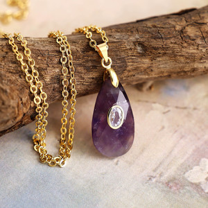 Rose Quartz Teardrop Pendant <b>Necklace</b> With <b>Ruby</b> Inlay Gold Chain Women's Jewelry Gift - Product Image 4