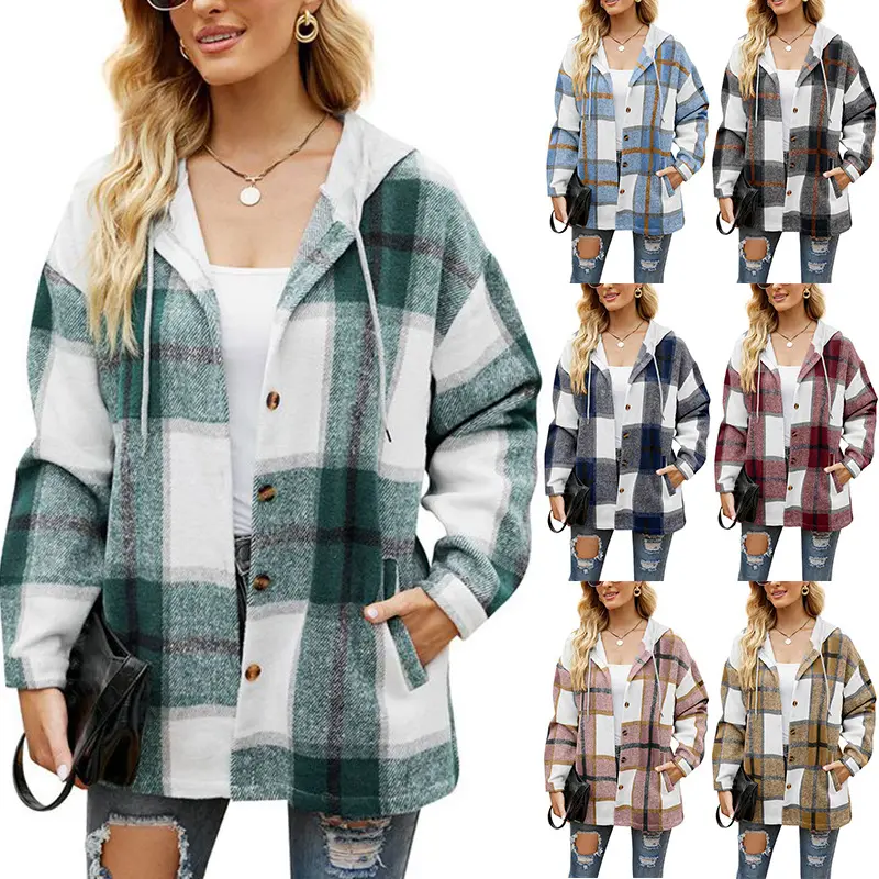 2022 Women's New Casual Loose Tops Shirt Women's Plaid Hooded Coat