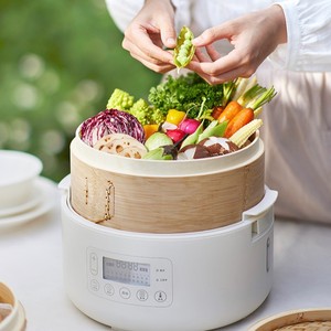 Vaporera eléctrica Olayks de 2 niveles de bambú con temporizador para cocinar panecillos y desayunos al vapor - Product Image 2