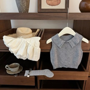 Girls Knitted Top Tulip Pants Set Solid Color Cotton Summer School Style Two Piece Outfit - Product Image 1
