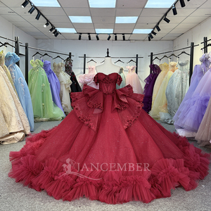 Jancember 6849ヴィンテージレッドパフィー3DフラワーVestidos De 15 Xv Aosドレス列車付き - Product Image 1