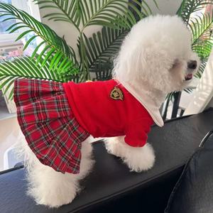 Jupe à carreaux pour chien, mignonne, doublée de polaire rouge, col universitaire, vêtements d'automne et d'hiver pour petits et moyens chiens, Teddy Bichon - Product Image 3